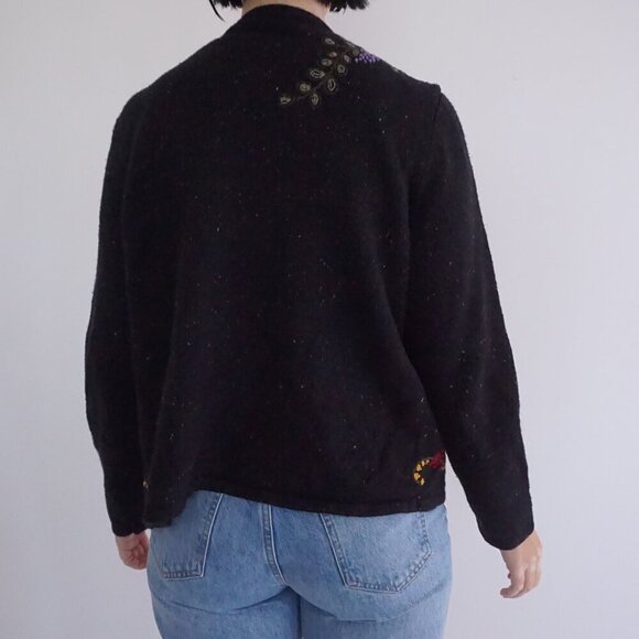 Vintage Craft & Barrel Black Zip-Up Knit Cardigan Embroidered Grapevine Fruit M - Picture 3 of 12
